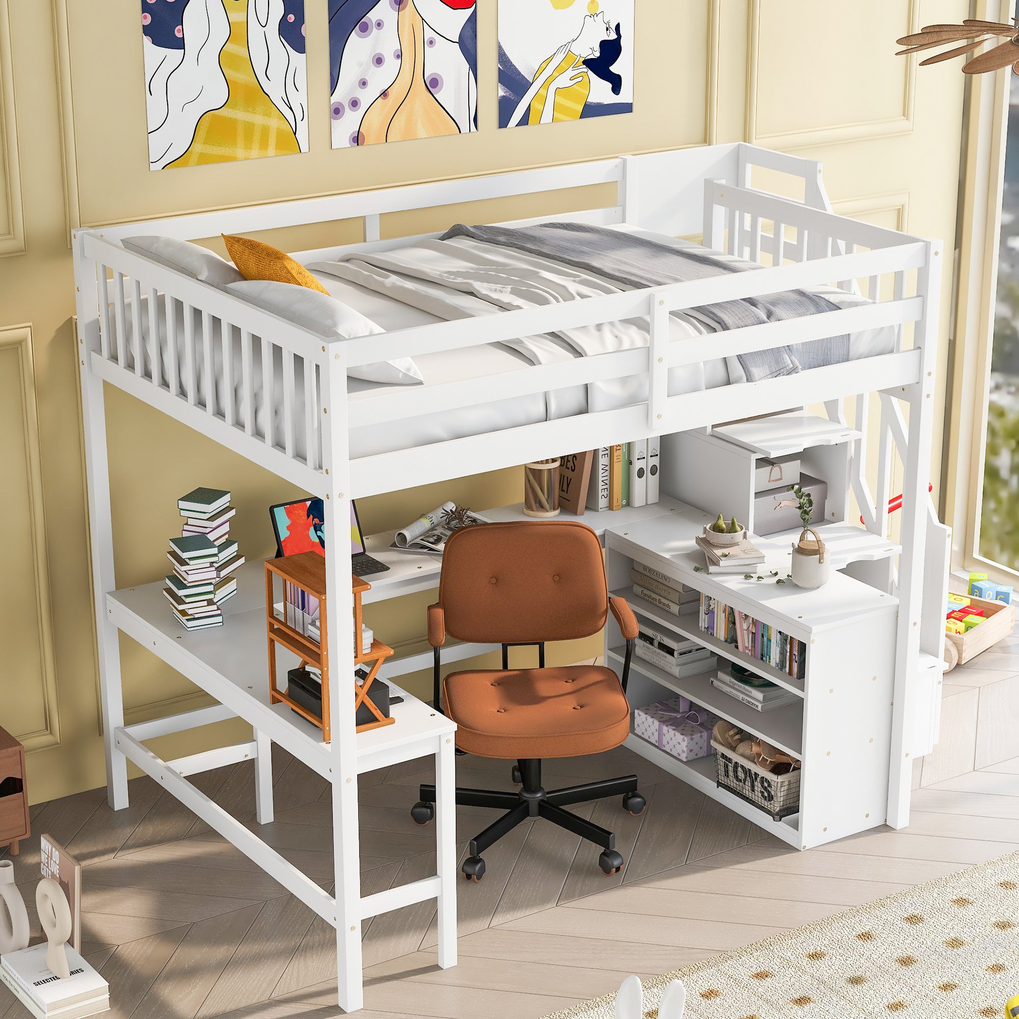 Full Size Loft Bed with Built-in L-Shaped Desk and Three-Tier Storage Shelves,and Attached Storage Staircase, White(Old SKU: GX001809AAK) Full Size Loft Bed with Built-in L-Shaped Desk and Three-Tier Storage Shelves,and Attached Storage Staircase, White(Old SKU: GX001809AAK)