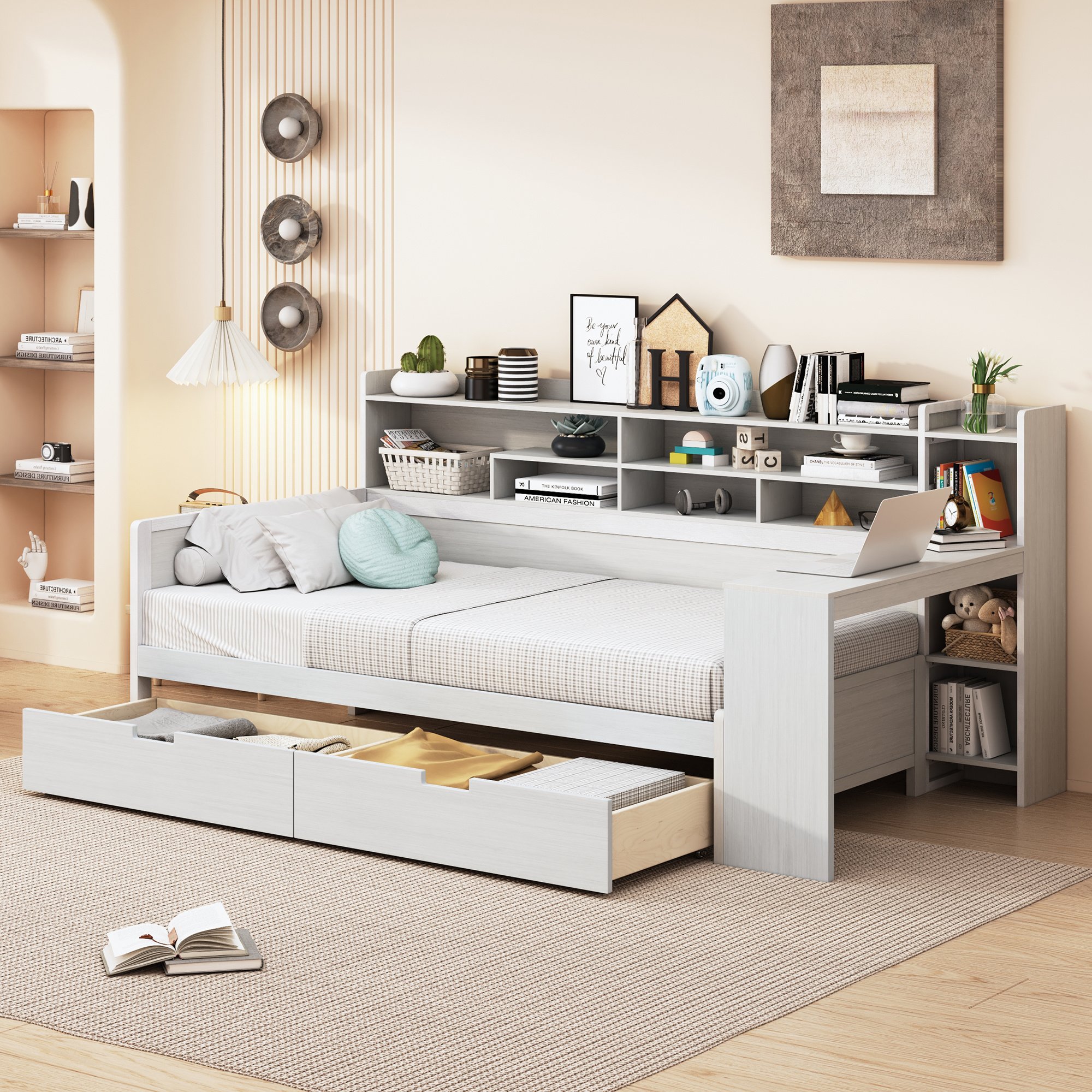Wooden Twin Size Daybed with Storage Shelves, Multi-functional Bed with Two Storage Drawers and Study Desk, Antique White Wooden Twin Size Daybed with Storage Shelves, Multi-functional Bed with Two Storage Drawers and Study Desk, Antique White