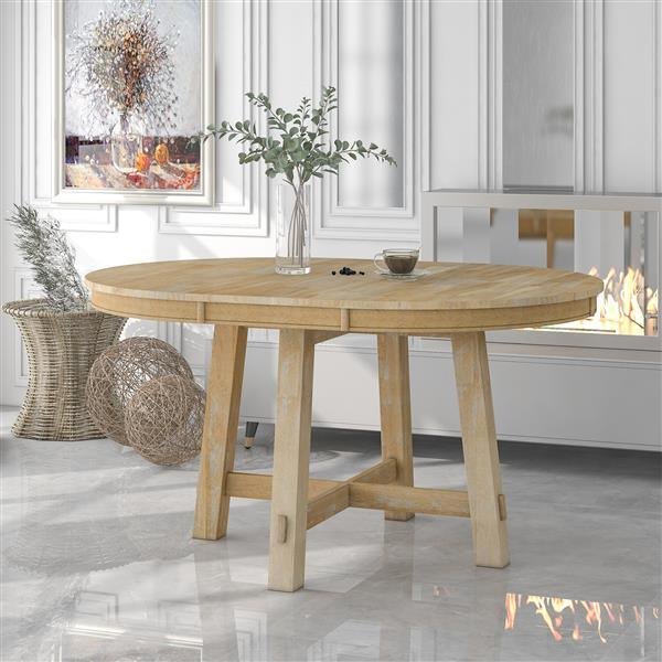 Farmhouse Round Extendable Dining Table with 16" Leaf Wood Kitchen Table (Natural Wood Wash) Farmhouse Round Extendable Dining Table with 16" Leaf Wood Kitchen Table (Natural Wood Wash)