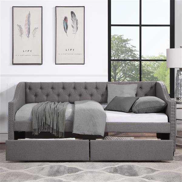 Upholstered Twin Size daybed with Two Drawers, Wood Slat Support, Gray Upholstered Twin Size daybed with Two Drawers, Wood Slat Support, Gray