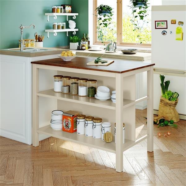 Solid Wood Rustic 45" Stationary Kitchen Island, Rubber Wood Butcher Block Dining Table Prep Table with 2 Open Shelves for Small Places,Walnut+Cream W Solid Wood Rustic 45" Stationary Kitchen Island, Rubber Wood Butcher Block Dining Table Prep Table with 2 Open Shelves for Small Places,Walnut+Cream W