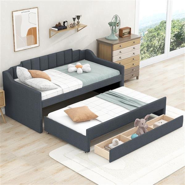 Twin Size Upholstered Daybed with Trundle and Three Drawers,Grey Twin Size Upholstered Daybed with Trundle and Three Drawers,Grey